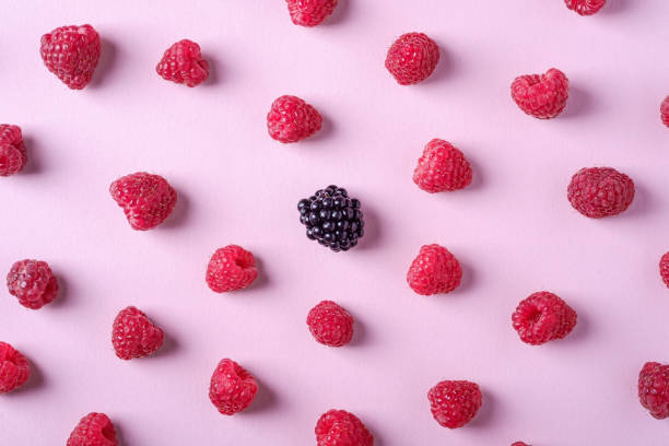 istock Raspberry sweet organic juicy berries with single blackberry, pattern, texture, on pink paper background, flat lay 1165168260
