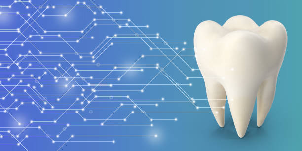 3D tooth object with circuit lines connections in blue background with copy space.