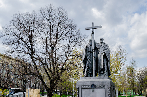 Monument dedicated to the creators of the Slavic written language Cyril and Methodius, located in Moscow in Russia. The creators of the alphabet and writing, preachers of Christianity. The monument is a statue of two brothers holding a cross and the Holy Scripture in their hands.