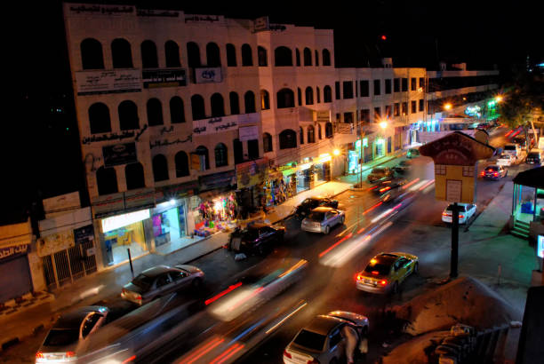 Traffic in downtown Madaba in Jordan at night