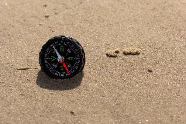 istock Compass pointing SouthWest laying on sand beach 1165175573