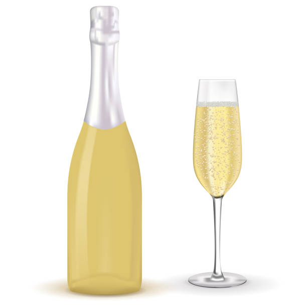 ilustraciones, imágenes clip art, dibujos animados e iconos de stock de botella y copa de vino espumoso - white wine white background isolated on white champagne flute