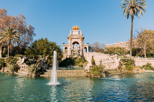 BARCELONA, SPAIN - DECEMBER 28, 2018: architectural ensemble and lake with fountains in Parc de la Ciutadella