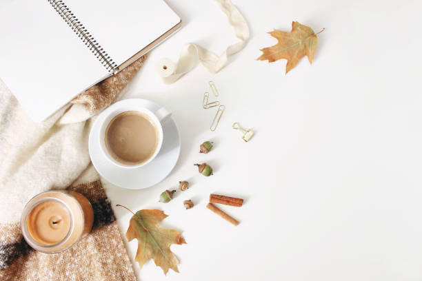 istock Autumn workspace still life, fall feminine scene. Notebook mock-up scene with cup of coffee, candle, cinnamon sticks, wool blanket, oak leaves and acorns. White table background. Flat lay, top view. 1165181705