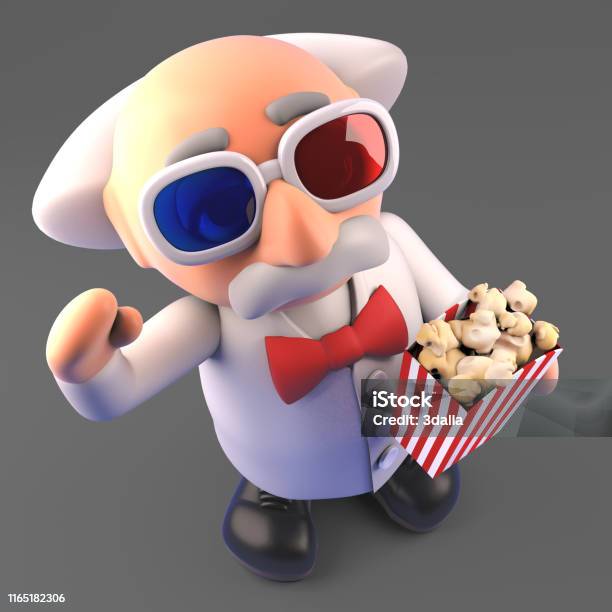 Funny Mad Scientist Professor At The Movies Wearing 3d Glasses And Eating  Popcorn 3d Illustration Stock Photo - Download Image Now - iStock