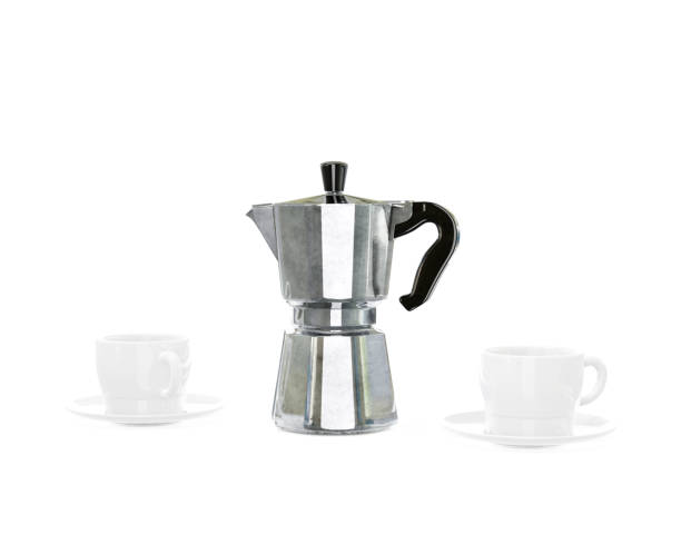 istock Vintage coffee pot and two white cups on a white background. 3D rendering 1165182377