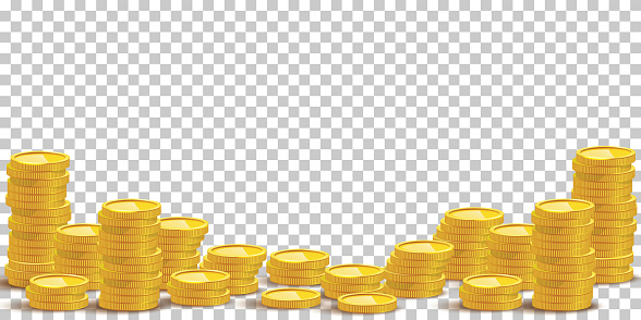Gold coin stacks mockup vector illustration. Cash heap, wealth isolated on transparent background. Banking service, money loan. Successful investment, jackpot. Salary increase, revenue growth