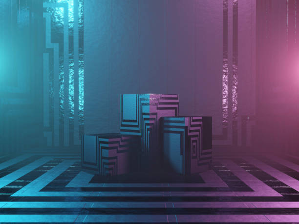 istock Abstract podium, pedestal or platform - a cubes with Sci-Fi texture on a dark futuristic background. The concept of the city or the interior of the future. 3d rendering 1165182834