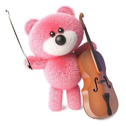 Musical teddy bear with pink soft fur playing a cello, 3d illustration render