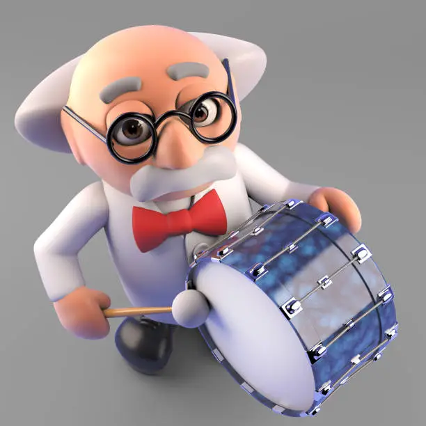 Musically minded mad scientist professor playing the drums, 3d illustration render