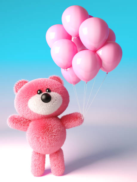 Party minded pink fluffy teddy bear with pink celebration balloons, 3d illustration render