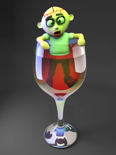 愚かな漫画3dアンデッドゾンビモンスターは、赤ワイン、3dイラストの完全なガラスに立ち往生自分自身を見つける - rotting monster halloween spooky ストックフォトと画像