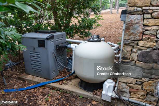 Residential Pool Pump And Filtration System Stock Photo - Download Image Now - Swimming Pool, Water Pump, Filtration