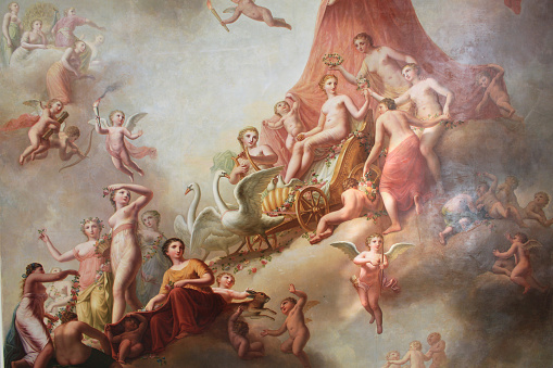 Gatchina, Russia - 16 July 2010: Fragment of the ceiling painting of the 18th century in the royal pavilion in the Gatchina Park. Plafond Triumph of Venus, was written in 1797 by artist I. Mettenleiter.