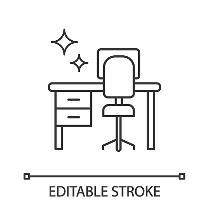Cleaning table desk linear vector icon. Keeping workplace clean. Tidy home or office desk. Editable stroke