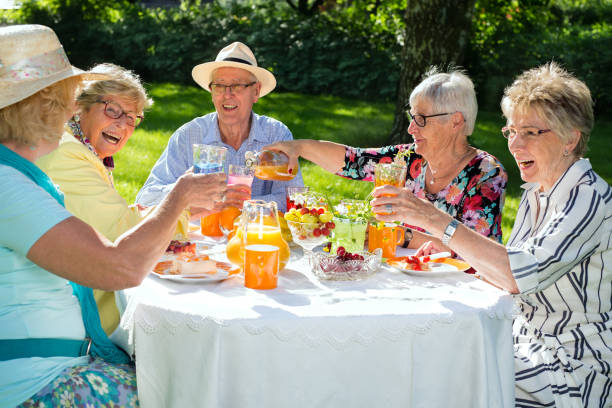 istock Happy elderly people sitting around the table picnicking. 1165188343