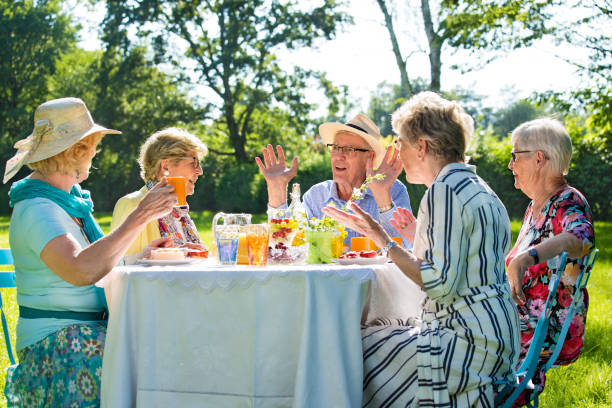 istock Senior friends having picnick with coffee and cake outdoors in sunshine. 1165188623