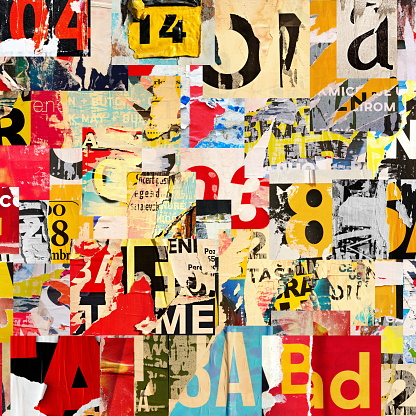 Collage of street poster, many numbers and letters