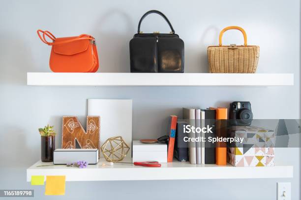 Shelves On A Wall Stock Photo - Download Image Now - Shelf, Knick Knack, Messy