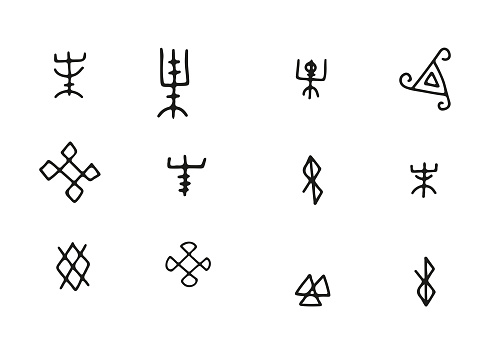 Simple Futhark norse islandic and viking runes set. Magic hand draw symbols as scripted talismans. Vector ancient runes of vikings. Galdrastafir, mystic signs of early North magic.Ethnic norse viking.