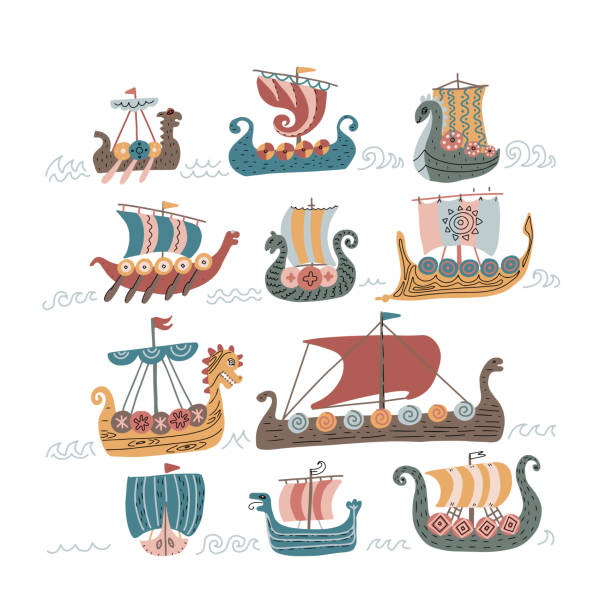 illustrations, cliparts, dessins animés et icônes de draccars scandinaves vikings ensemble, navire normand avec des illustrations de vecteur de couleur d'isolement sur un fond blanc. 11 icônes de griffonnage de vecteur de drakkar de bateau de bateau viking de norway pour des enfants - galère