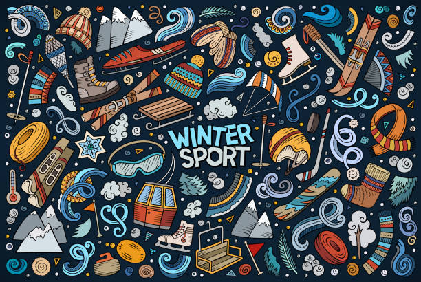 ilustrações de stock, clip art, desenhos animados e ícones de doodle cartoon set of winter sports objects and symbols - snowboard boot