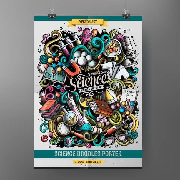 Cartoon colorful hand drawn doodles Science poster template Cartoon colorful hand drawn doodles Science poster template. Very detailed, with lots of objects illustration. Funny vector artwork. Corporate identity design dna borders stock illustrations