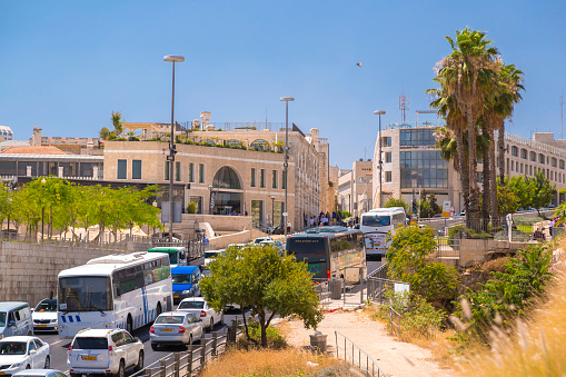 Jerusalem, Israel - June 14, 2018: Cityscape from Jerusalem city, outside the old city walls, roads, cars in traffic and generic architecture in the central area on June 14.