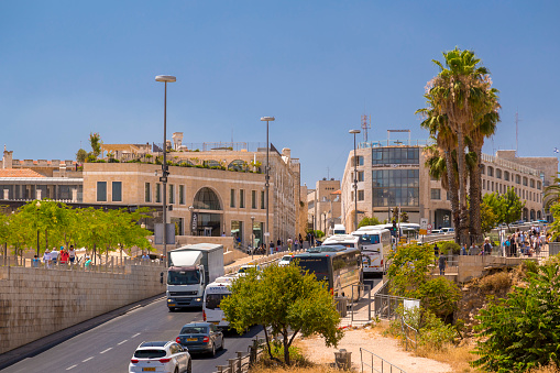 Jerusalem, Israel - June 14, 2018: Cityscape from Jerusalem city, outside the old city walls, roads, cars in traffic and generic architecture in the central area on June 14.