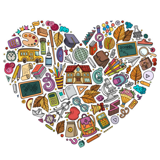 Colorful vector hand drawn set of School cartoon doodle objects Colorful vector hand drawn set of School cartoon doodle objects, symbols and items. Heart form composition funny-school-bus stock illustrations