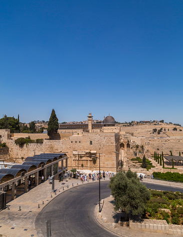 Jerusalem, Israel - June 15, 2018: View from the Temple Mount with the Al-Aqsa Mosque, the holy site of the Old City in Jerusalem, Israel.