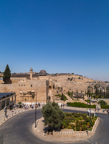 Jerusalem, Israel - June 15, 2018: View from the Temple Mount with the Al-Aqsa Mosque. Mount of Olives in the background