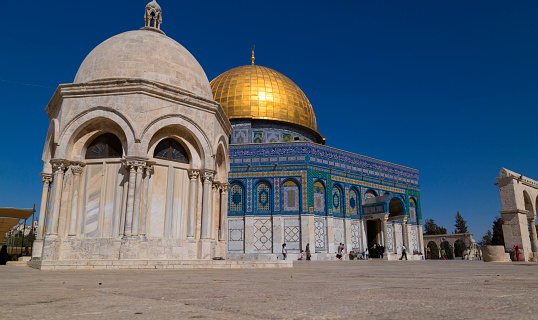 Jerusalem, Israel - June 14, 2018: Exterior view of the Dome of the Rock (Al Qubbet As-Sahra in Arabic) in the holy site of the Old City in Jerusalem, Israel.