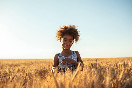Cute young african american girl standing in a wheat field.