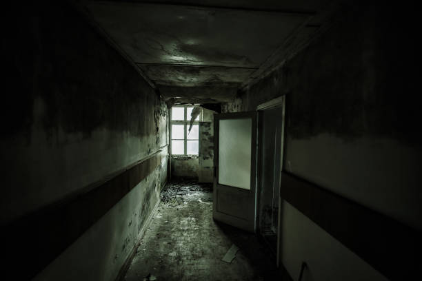 istock Dark and creepy corridor of abandoned building 1165196757