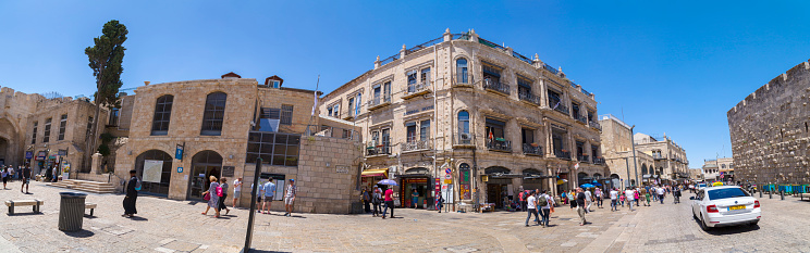 Jerusalem, Israel - June 14, 2018: Ancient streets and buildings in the old city of Jerusalem. Inside the old city walls, Jaffa Gate area.