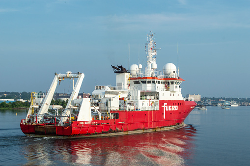 New Bedford, Massachusetts, USA - July 30, 2019: Geotechnical survey vessel Fugro Discovery  returning to New Bedford from work off Rhode Island coast