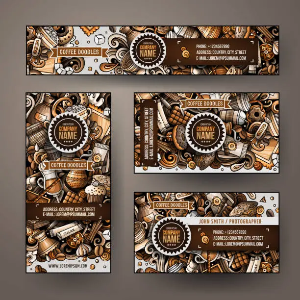 Vector illustration of Corporate Identity vector templates set design with doodles hand drawn Coffee Shop theme