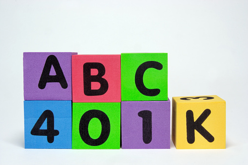 401 K simple as A-B-C. Arranged with colorful blocks. Horizontal.-For more block talk, click here. BLOCK TALK