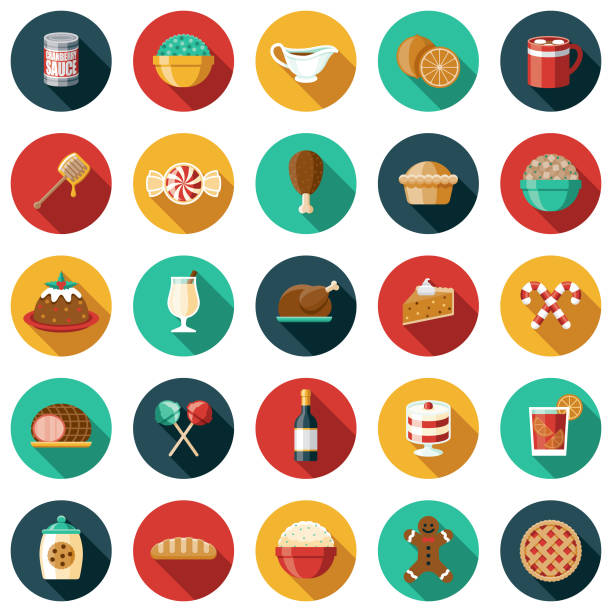 illustrazioni stock, clip art, cartoni animati e icone di tendenza di set di icone alimenti per le vacanze - christmas dinner food turkey