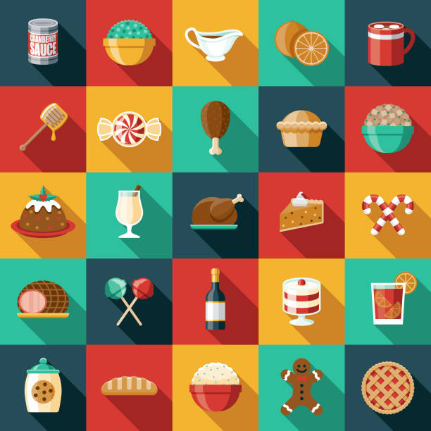 Holiday Foods Icon Set A set of icons. File is built in the CMYK color space for optimal printing. Color swatches are global so it’s easy to edit and change the colors. thanksgiving holiday icons stock illustrations