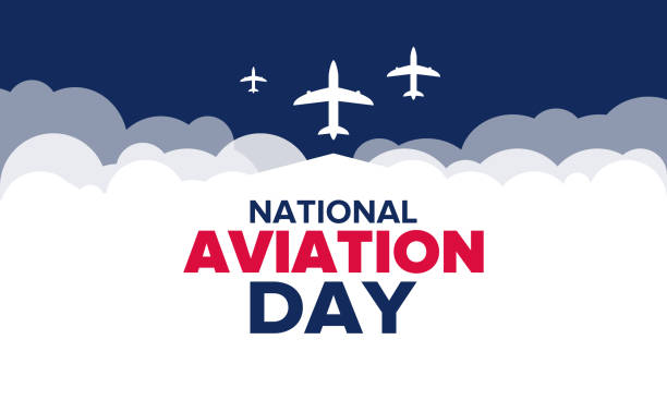 national aviation day in den vereinigten staaten. feiertag, jährlich im 19. august gefeiert. design mit flugzeug und amerikanische flagge. patriotisches element. poster, grußkarte, banner und hintergrund. vektor-illustration - luftfahrtschau stock-grafiken, -clipart, -cartoons und -symbole