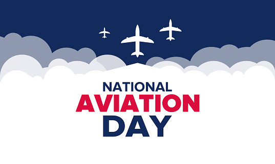 National Aviation Day in United States. Holiday, celebrated annual in August 19. Design with airplane and american flag. Patriotic element. Poster, greeting card, banner and background. Vector illustration