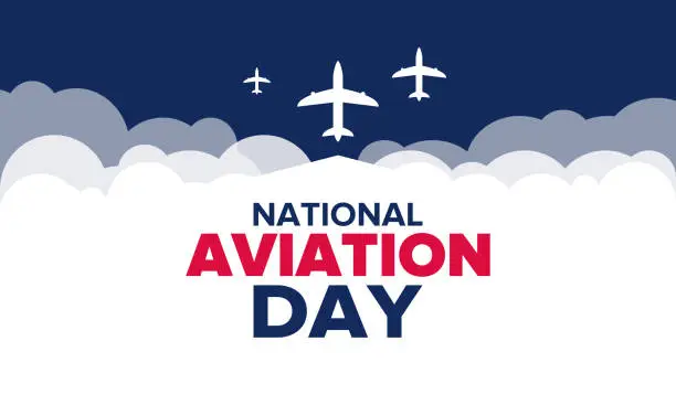 Vector illustration of National Aviation Day in United States. Holiday, celebrated annual in August 19. Design with airplane and american flag. Patriotic element. Poster, greeting card, banner and background. Vector illustration