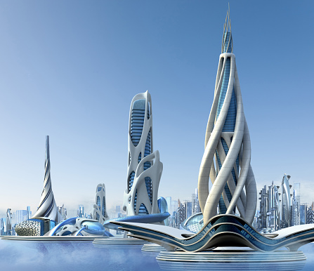 3D futuristic city with a marina skyline and organic high-rise architecture, for fantasy and science fiction illustrations.