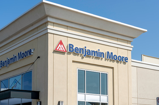 Oakville, Ontario, Canada - July 25, 2019: Benjamin Moore storefront in Oakville, Ontario, Canada.  Benjamin Moore is an American company that produces paint.