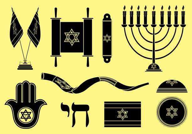 еврейские символы окрашены. черная заполните. - judaism hanukkah menorah symbol stock illustrations