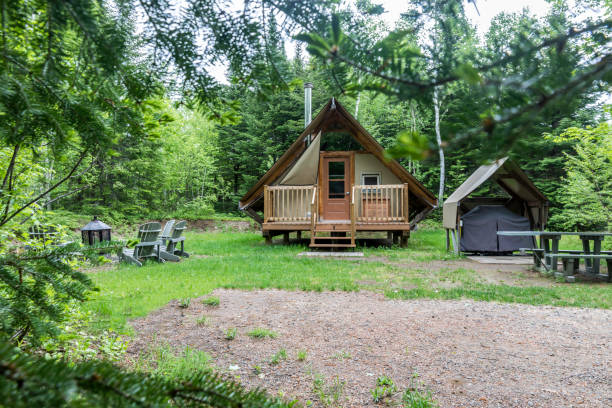 Glamping Tent Exterior in the Forest in Summer in Canada