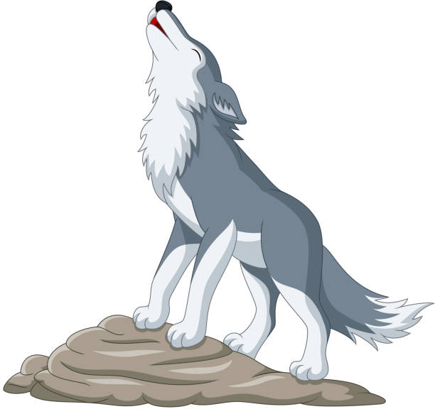 岩の上でハウリング漫画オオカミ - wolf coyote howling dog点のイラスト素材／クリップアート素材／マンガ素材／アイコン素材