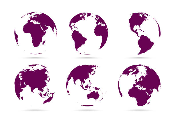 kolekcja ciemnych płaskich ikon kulek. ustaw mapy świata. planeta z kontynentami - australia map cartography three dimensional shape stock illustrations